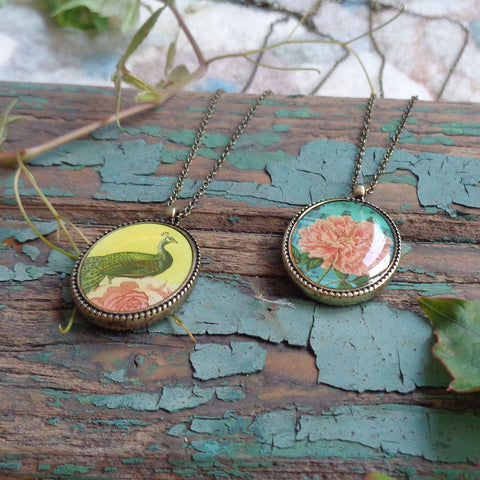 LAVISHY vintage style handmade reversible pendant necklace with peacock & peony flower print. Great gift for friends & family. Wholesale at www.lavishy.com