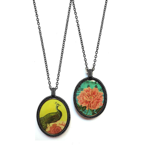 LAVISHY vintage style handmade reversible pendant necklace with peacock & peony flower print. Great gift for friends & family. Wholesale at www.lavishy.com