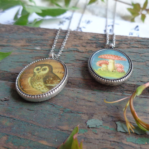 LAVISHY vintage style handmade reversible pendant necklace with owl & lucky mushroom /manita muscaria print. Great gift for friend. Wholesale at www.lavishy.com