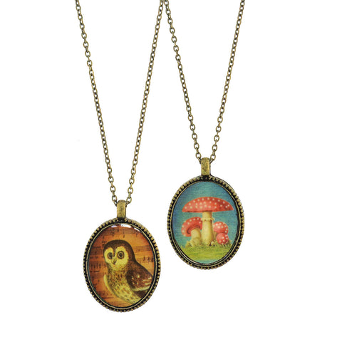 LAVISHY vintage style handmade reversible pendant necklace with owl & lucky mushroom /manita muscaria print. Great gift for friend. Wholesale at www.lavishy.com