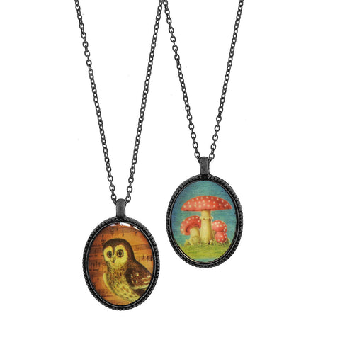 LAVISHY vintage style handmade reversible pendant necklace with owl & lucky mushroom /manita muscaria print. Great gift for friend. Wholesale at www.lavishy.com