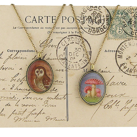 LAVISHY vintage style handmade reversible pendant necklace with owl & lucky mushroom /manita muscaria print. Great gift for friend. Wholesale at www.lavishy.com