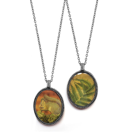 LAVISHY vintage style handmade reversible pendant necklace with squirrel & fern leaf print. Great gift for friends & family. Wholesale at www.lavishy.com