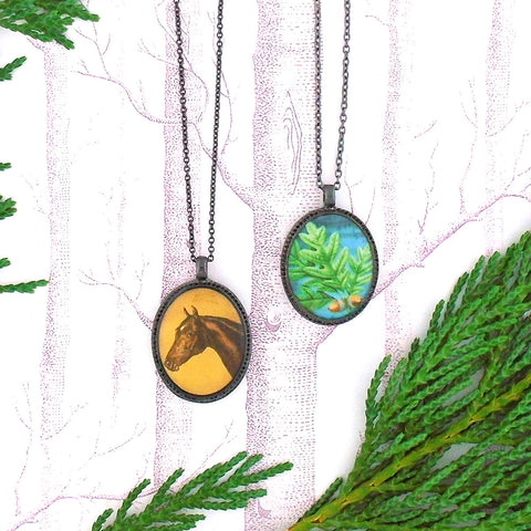 LAVISHY vintage style handmade reversible pendant necklace with horse & oak leaf print. Great gift for friends & family. Wholesale at www.lavishy.com