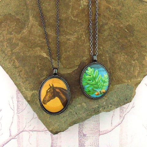 LAVISHY vintage style handmade reversible pendant necklace with horse & oak leaf print. Great gift for friends & family. Wholesale at www.lavishy.com