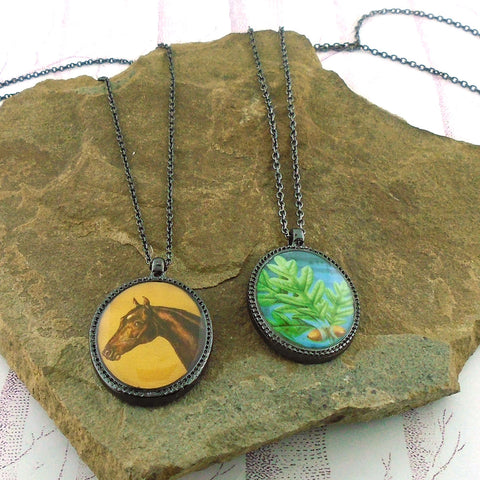 LAVISHY vintage style handmade reversible pendant necklace with horse & oak leaf print. Great gift for friends & family. Wholesale at www.lavishy.com