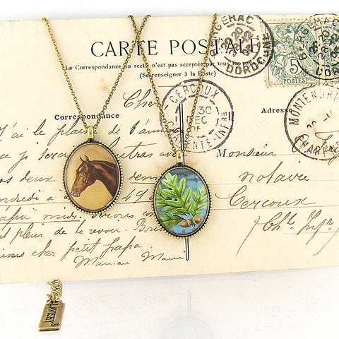 LAVISHY vintage style handmade reversible pendant necklace with horse & oak leaf print. Great gift for friends & family. Wholesale at www.lavishy.com