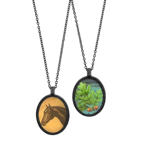 LAVISHY vintage style handmade reversible pendant necklace with horse & oak leaf print. Great gift for friends & family. Wholesale at www.lavishy.com