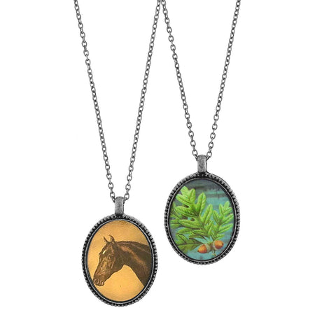 LAVISHY vintage style handmade reversible pendant necklace with horse & oak leaf print. Great gift for friends & family. Wholesale at www.lavishy.com