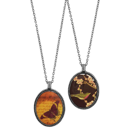 LAVISHY vintage style handmade reversible necklace with lovebirds, plum blossom & butterfly print. Great gift for friends & family. Wholesale at www.lavishy.com