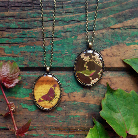LAVISHY vintage style handmade reversible necklace with lovebirds, plum blossom & butterfly print. Great gift for friends & family. Wholesale at www.lavishy.com