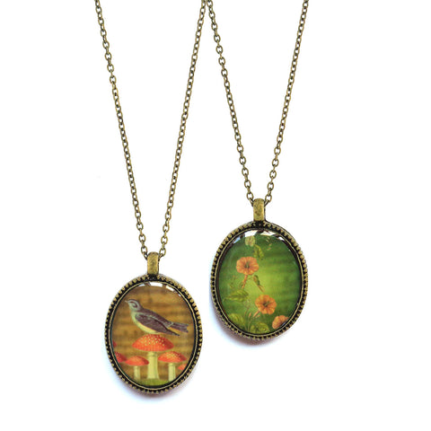 LAVISHY vintage style handmade reversible pendant necklace with lucky blue bird on top of lucky mushroom/Amanita muscaria & morning glory flowers print. Wholesale at www.lavishy.com