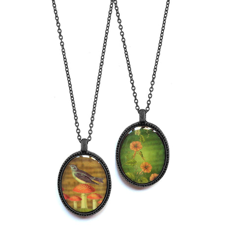LAVISHY vintage style handmade reversible pendant necklace with lucky blue bird on top of lucky mushroom/Amanita muscaria & morning glory flowers print. Wholesale at www.lavishy.com