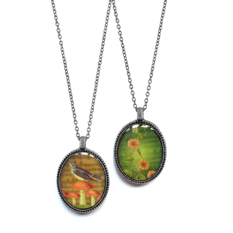 LAVISHY vintage style handmade reversible pendant necklace with lucky blue bird on top of lucky mushroom/Amanita muscaria & morning glory flowers print. Wholesale at www.lavishy.com