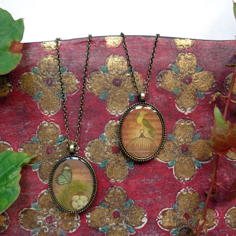 LAVISHY vintage style handmade reversible pendant necklace with bird & butterfly print. Great gift for friends & family. Wholesale at www.lavishy.com