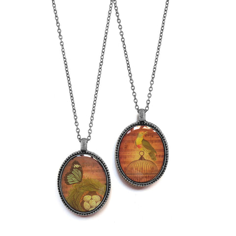 LAVISHY vintage style handmade reversible pendant necklace with bird & butterfly print. Great gift for friends & family. Wholesale at www.lavishy.com