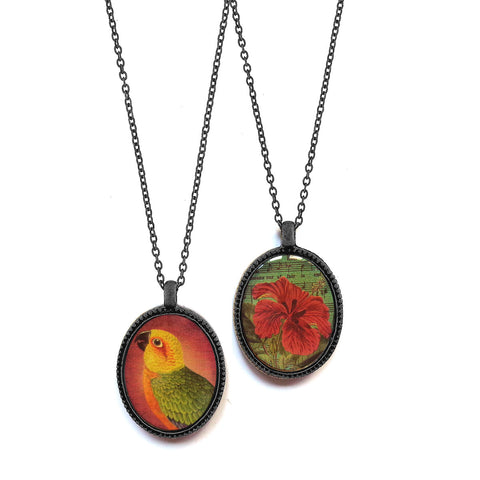 ON013: hibiscus & parrots reversible necklace