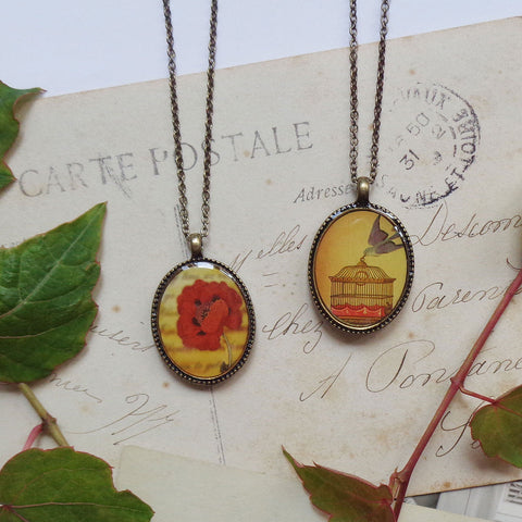 LAVISHY vintage style handmade reversible pendant necklace with poppy flower & free bird print. Great gift for friends & family. Wholesale at www.lavishy.com