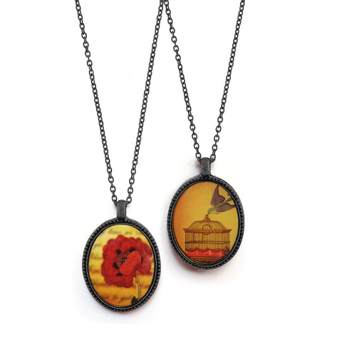 LAVISHY vintage style handmade reversible pendant necklace with poppy flower & free bird print. Great gift for friends & family. Wholesale at www.lavishy.com