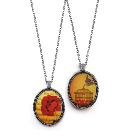 LAVISHY vintage style handmade reversible pendant necklace with poppy flower & free bird print. Great gift for friends & family. Wholesale at www.lavishy.com