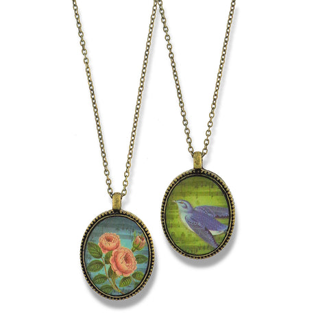 LAVISHY vintage style handmade reversible pendant necklace with lucky blue bird & rose flower print. Great gift for friend & family. Wholesale at www.lavishy.com