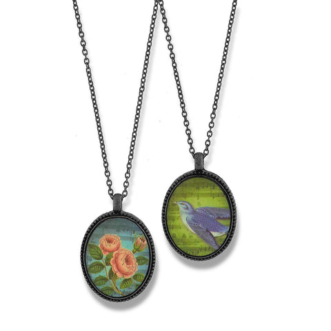 LAVISHY vintage style handmade reversible pendant necklace with lucky blue bird & rose flower print. Great gift for friend & family. Wholesale at www.lavishy.com
