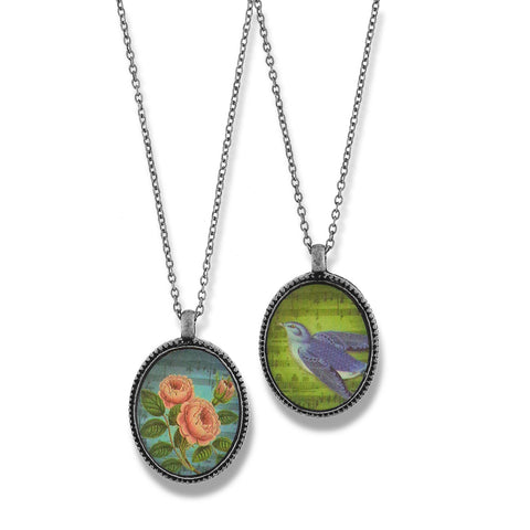 LAVISHY vintage style handmade reversible pendant necklace with lucky blue bird & rose flower print. Great gift for friend & family. Wholesale at www.lavishy.com