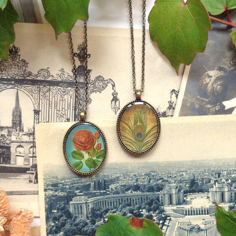 LAVISHY vintage style handmade reversible pendant necklace with rose flower & peacock feather print. Great gift for friend & family. Wholesale at www.lavishy.com