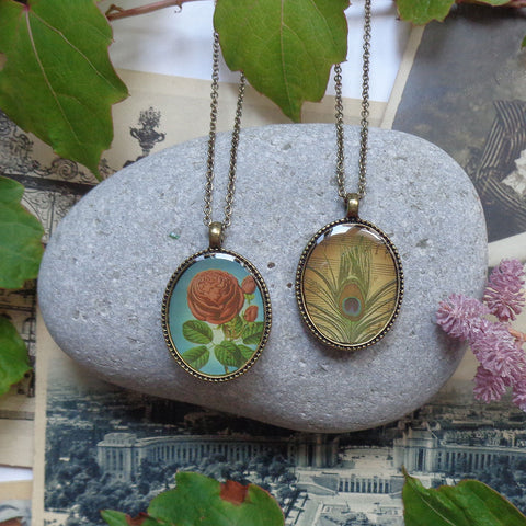 LAVISHY vintage style handmade reversible pendant necklace with rose flower & peacock feather print. Great gift for friend & family. Wholesale at www.lavishy.com
