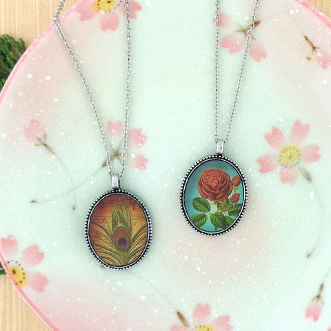 LAVISHY vintage style handmade reversible pendant necklace with rose flower & peacock feather print. Great gift for friend & family. Wholesale at www.lavishy.com