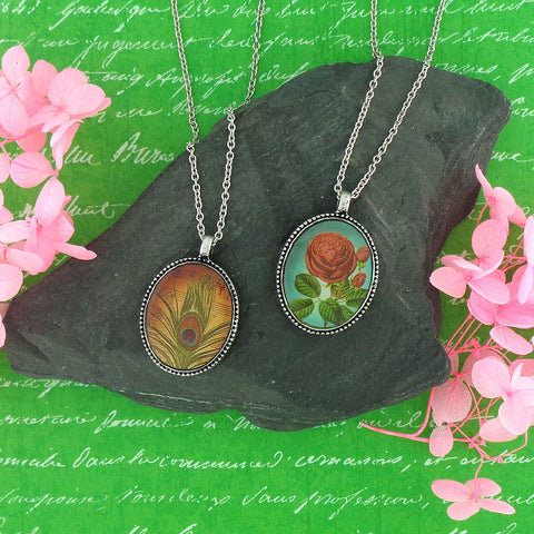 LAVISHY vintage style handmade reversible pendant necklace with rose flower & peacock feather print. Great gift for friend & family. Wholesale at www.lavishy.com