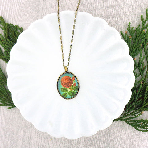 LAVISHY vintage style handmade reversible pendant necklace with red rose flower print. Great gift for friend & family. Wholesale at www.lavishy.com