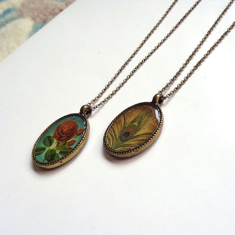 LAVISHY vintage style handmade reversible pendant necklace with rose flower & peacock feather print. Great gift for friend & family. Wholesale at www.lavishy.com