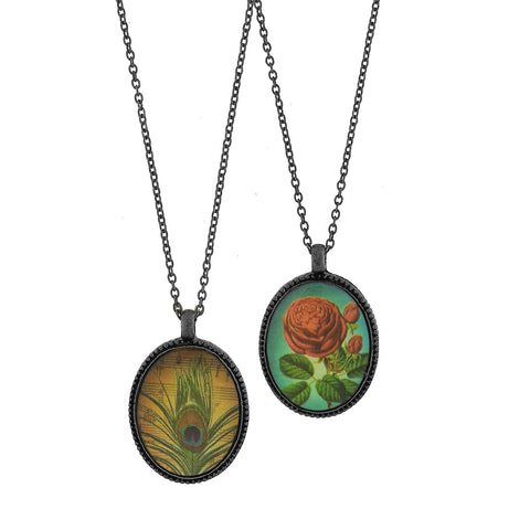 LAVISHY vintage style handmade reversible pendant necklace with rose flower & peacock feather print. Great gift for friend & family. Wholesale at www.lavishy.com