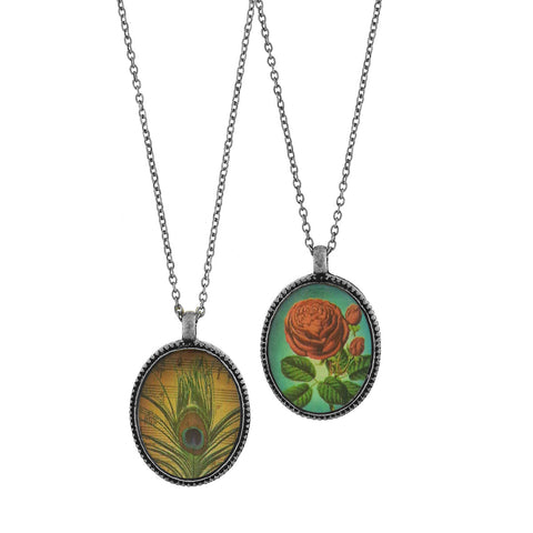 LAVISHY vintage style handmade reversible pendant necklace with rose flower & peacock feather print. Great gift for friend & family. Wholesale at www.lavishy.com