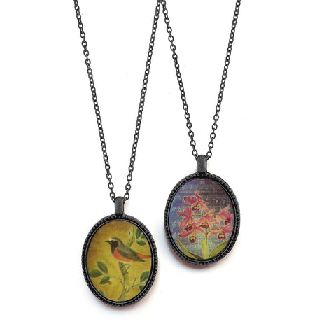 LAVISHY vintage style handmade reversible pendant necklace with bird & orchid flowers print. Great gift for friends & family. Wholesale at www.lavishy.com