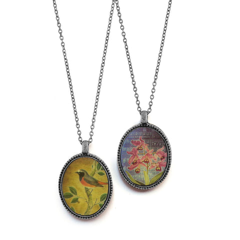 LAVISHY vintage style handmade reversible pendant necklace with bird & orchid flowers print. Great gift for friends & family. Wholesale at www.lavishy.com