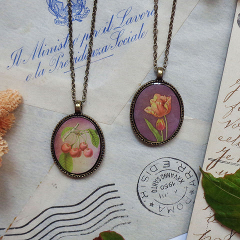 LAVISHY vintage style handmade reversible pendant necklace with tulips flowers & cherry print. Great gift for friends & family. Wholesale at www.lavishy.com