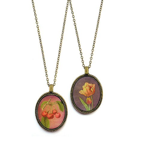 LAVISHY vintage style handmade reversible pendant necklace with tulips flowers & cherry print. Great gift for friends & family. Wholesale at www.lavishy.com