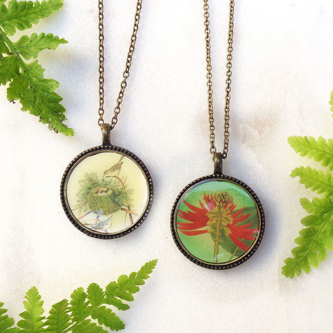 LAVISHY vintage style handmade reversible pendant necklace with lovebirds & flower print. Great gift for friends & family. Wholesale at www.lavishy.com