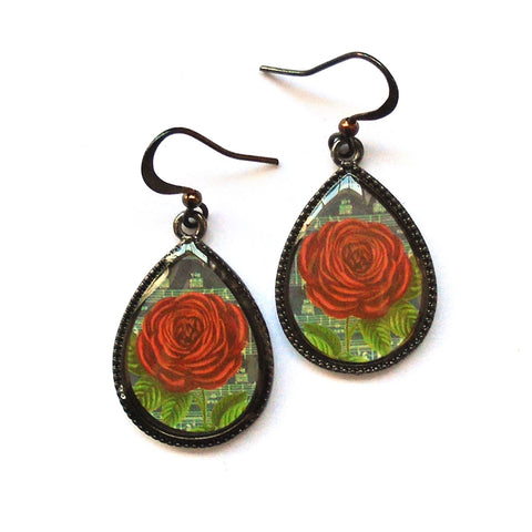 LAVISHY handmade vintage style red rose flower print fashion earrings. Great for everyday wear, gift idea for friend & family. Wholesale at www.lavishy.com