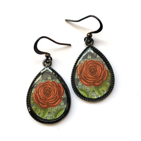 LAVISHY handmade vintage style red rose flower print fashion earrings. Great for everyday wear, gift idea for friend & family. Wholesale at www.lavishy.com