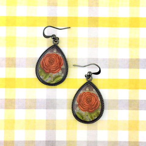 LAVISHY handmade vintage style red rose flower print fashion earrings. Great for everyday wear, gift idea for friend & family. Wholesale at www.lavishy.com