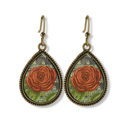 LAVISHY handmade vintage style red rose flower print fashion earrings. Great for everyday wear, gift idea for friend & family. Wholesale at www.lavishy.com