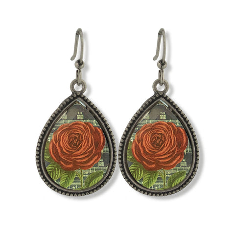 LAVISHY handmade vintage style red rose flower print fashion earrings. Great for everyday wear, gift idea for friend & family. Wholesale at www.lavishy.com
