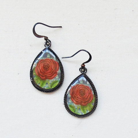LAVISHY handmade vintage style red rose flower print fashion earrings. Great for everyday wear, gift idea for friend & family. Wholesale at www.lavishy.com