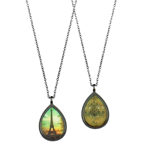 LAVISHY vintage style handmade reversible pendant necklace with Paris Eiffel Tower & chandelier print in gun black plating finish. Great gift for friends & family. 