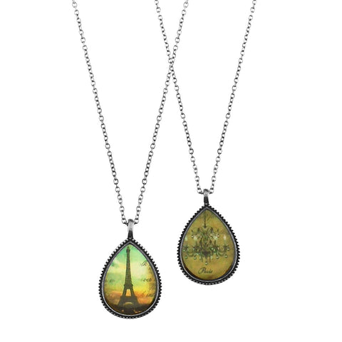 LAVISHY vintage style handmade reversible pendant necklace with Paris Eiffel Tower & chandelier print in burnish silver plating finish. Great gift for friends & family. 