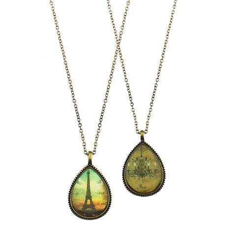 LAVISHY vintage style handmade reversible pendant necklace with Paris Eiffel Tower & chandelier print in burnish gold plating finish. Great gift for friends & family. 