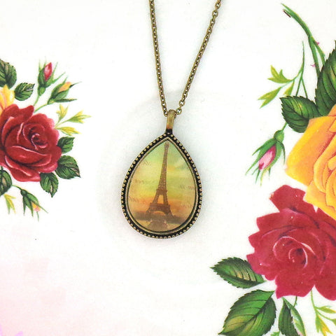 LAVISHY vintage style handmade reversible pendant necklace with Paris Eiffel Tower & chandelier print. Great gift for friends & family.
